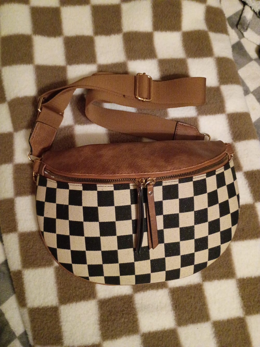 Checkerboard Canvas Crossbody with Tan Trim